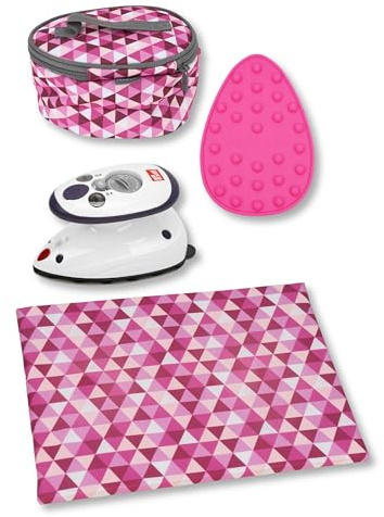 Semplix Bügelset 4-teilig mit Prym Mini-Dampfbügeleisen – Diamond Design mit Bügelunterlage, Silikonablage & Reisetasche – für Nähen, Quilten & Reisen (Pink)