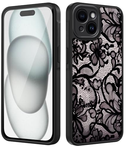 Tawarror Handyhülle für iPhone 15 Hülle, Matt Transluzente Aesthetic Lace Blumen Muster Schutzhülle PC Rückseite Kratzfest TPU Fallschutz Stoßfest Anti-Fingerabdruck Case, Schwarz