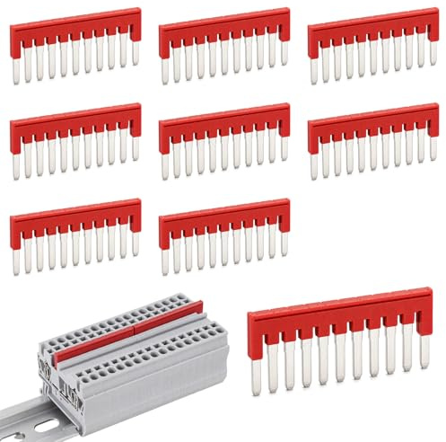 12 Pièces FBS 10-5 Pont Enfichable Rouge, Pontet de Jonction 10 Pôles, Barrette de Pontage pour Bornier Rail DIN, Contacts Laiton, Convient aux Blocs 2,5 mm² et Phoenix Contact PT 2,5/ST 2,5