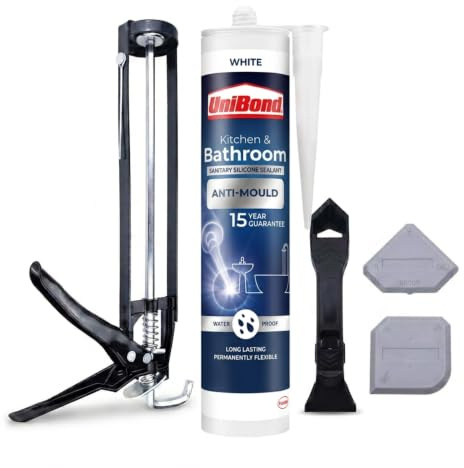 Silicone Sealant Kit with UniBond Anti-Mould Kitchen & Bathroom Sealant 274g, Cartridge Gun, Sealant Remover Tool & Finishing Tool Set – Complete Application Bundle for Bathrooms & Kitchens