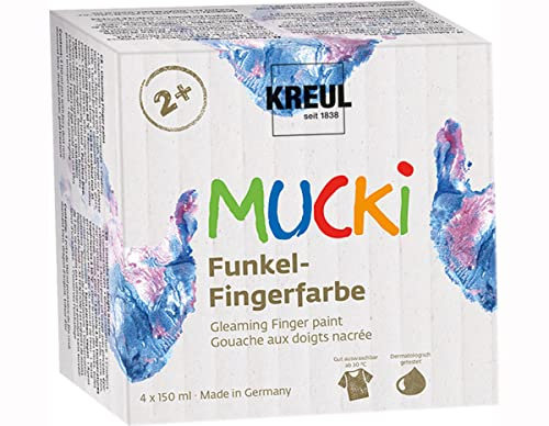 KREUL 2318 - MUCKI Funkel-Fingerfarbe, 4 x 150 ml in Rosa, Blau, Silber und Gold, auf Wasserbasis, schimmernde Fingermalfarben für Kinder ab 2 Jahren