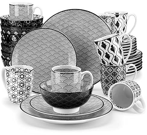 vancasso Haruka, Servizio Piatti Colorati 8 Persone Set 32 Pezzi Stile Giapponese Nero in Porcellana con Piatti frutta, Tazza da Tè, Piatti Piano Scodella Colazione