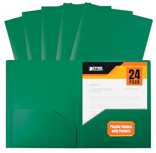 Better Office Products Heavyweight Plastic 2 Pocket Portfolio Folder, Letter Size Poly Folders 24 Pack (Green)