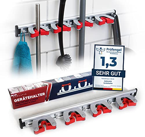 GARLAVIE Besenhalterung Wand mit 4 Haltern und 5 Haken (45cm) I robuster Gerätehalter für mehr Ordnung I Premium Besenhalter und Gartenwerkzeug Halterung