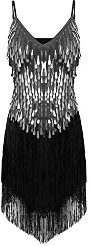 Alvivi Women's 1920s Flapper Sequins Fringe Party Dress Ballroom Tango Latin Dance Costume Clubwear Silver One Size