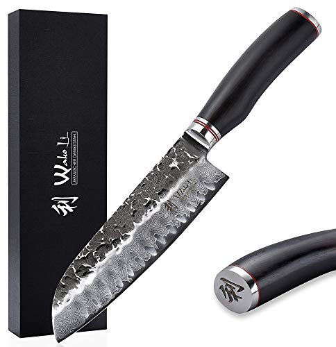 Wakoli EBO Damast Santokumesser | 17,5 cm Klinge aus 67 Lagen Damaststahl mit VG10-Kern | ergonomischer schwarzer Eichenholzgriff | für Fleisch, Fisch & Gemüse | in Geschenkbox für Profi- & Hobbyköche
