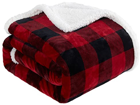 Touchat Sherpa Red and Black Buffalo Plaid Christmas Twin Blanket 60 X 70, Fuzzy Fluffy Soft Cozy Throw Blanket, Fleece Flannel Plush Microfiber Blanket for Couch Bed Sofa