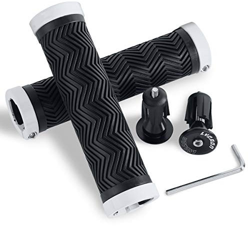 LYCAON Impugnature per Biciclette Ergonomiche con 2 Tappi di Chiusura in Alluminio espandibili,Impugnature per manubri MTB/BMX/Mountain/Downhill/Foldable/Urban Bicycles/Scooter (Bianco - Estensibile)