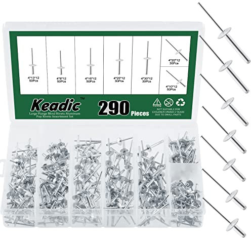 Keadic 7 Size 5/32 Aluminum Large Flange Blind Rivets Assortment Kit Includes 5/32x 5/16”, 3/8, 1/2, 21/32, 25/32, 1, 1.18 Open End Domed Head Pop Rivets for Joining Metal Plate Pipe