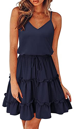 Newshows Sommerkleid Damen Knielang Spaghettiträger Kleid V-Ausschnitt Strandkleider(Marine,M)