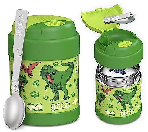 JARLSON® Thermobehälter Kinder YUMMY | Edelstahl Warmhaltebehälter Essen/Babybrei | Müslibecher to go mit Löffel | Joghurtbecher | Essensbehälter | Thermobecher | Wärmebehälter (300 ml, Dinos)