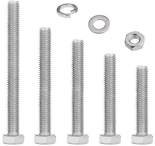 M10 - Set di dadi e bulloni esagonali in acciaio inox con rondelle, viti a macchina più lunghe assortite, bulloni completamente filettati per auto, moto, mobili, navi, costruzioni, meccanici