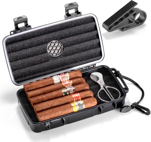 Cigar Case, Travel Cigar Humidor Case - Travel Cigar Case with Built-in Humidifier Disc, Stickers, Cigar Holder & Cigar Cutter | Airtight | Portable | Water/Crushproof (Holds up to 5 Cigars)