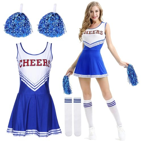 Cheerleader Kostüm Damen,Kostüm Cheerleader,Cheerleadering Outfit Fancy Dress Uniform,Cheerleading Uniform,Kostüme für Erwachsene,Cheer Uniform,mit Pompoms Haarband,für Karneval,Fasching,Mottoparty