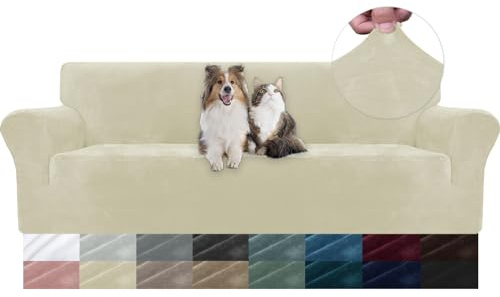 YSTELLAA Samt Sofa Überzug 4 Sitzer, Stretch Sofahusse Universal, Sofaschoner rutschfest, Sofa Covers Mit Armlehne, Couch Bezug Schutz Katze, Waschbare Couchschoner, Beige