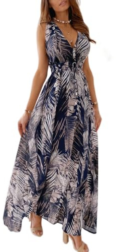 Yutdeng Kleid Damen Sommer Lang Trägerkleid Sommerkleid Lang V Ausschnitt Blumenmuster Rückenfrei Ärmellos Maxi Kleider Boho Strandkleid Blumenkleid Langes Kleid Sommer Elegant
