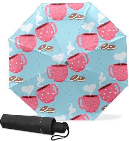 GISPOG Ombrello pieghevole automatico, con tazze da caffè, macaron, impermeabile, compatto, per sole e pioggia, per donne e uomini, Colore unico, Taglia unica