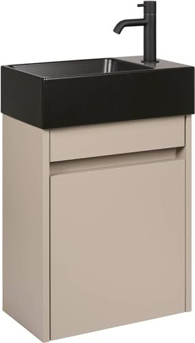 Saqu Florence vormontiertes Badmöbel Gäste-WC in Matt Greige mit Handwaschbecken und Armatur Matt Schwarz Links/rechts