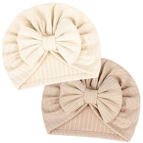 Bébé Chapeaux de Turban 2 pièces, Élastiques Doux pour Nouveau-nés et Tout-Petits (Blanc cassé/Marron)