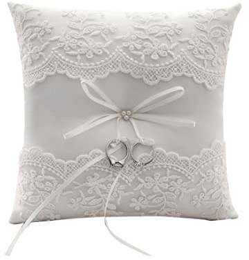 CAKEEYUM Almohada de Boda de Encaje Perla Anillo de Boda Almohada de satén Flor cojín Portador para en la Playa beigeAnillo cojín satén Flor Portador