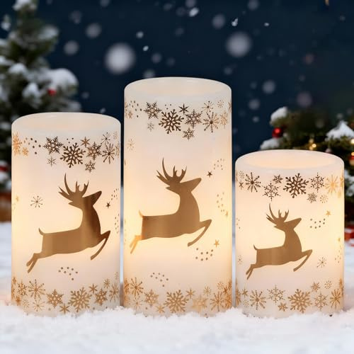 Eldnacele LED Kerzen mit 6-Stunden-Timer, flackernde flammenlose Säulenkerzen aus echtem Wachs, batteriebetrieben mit goldenem Rentier, 3er Set (7,5x10/12,5/15 cm), ideal für Weihnachtsdekoration