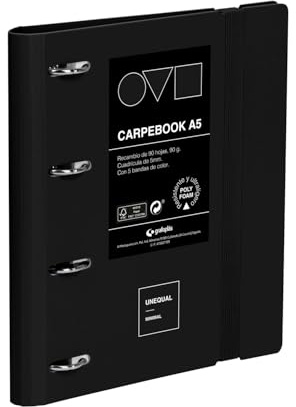 Grafoplas A4-ringpärm med 4 ringar, Polyfoam Carpebook, robust och ultralätt, svart minimal, inkluderar reservdel, avdelare och kuvert, perfekt för att organisera skolmaterial