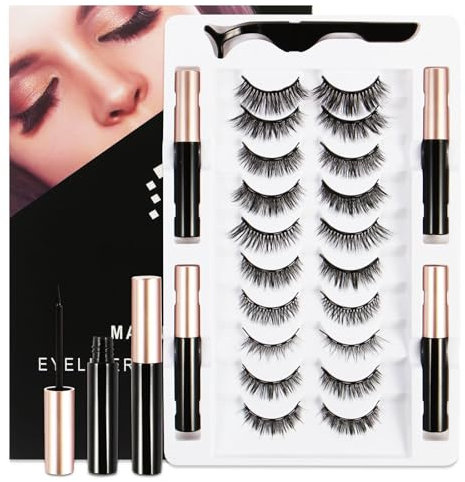 Magnetic Lashes with Applicator & Magnetic Eyeliner Kit - FEITA Reusable 3D 5D Magnetic Eyelashes Pack with 1 Tweezers & Upgraded 4 Tubes Magnetic Eyeliner, No Glue (15 Packs)