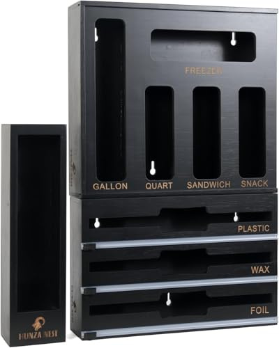 HUNZA NEST Set de Organisateur pour Cuisine en Bambou 9 en 1 Distributeur Film Alimentaire Aluminium,Organiseur de Sac de Rangement et boîte de Rangement de tiroir en 100% Bambou (Noir)