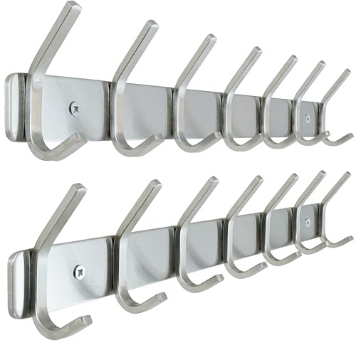 Honsky 2er-Set Wandgarderobe, 304 Edelstahl Hakenleiste mit 7 Doppelhaken (14 Haken), Silber - Für Jacken, Mäntel, Schals