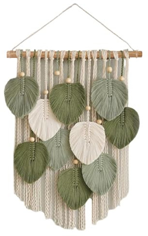 Nhemeylp Macrame Wall Hanging, Green Leaf Tassel Wall Tapestry Boho Wall Art, Handmade Woven Wall Decor for Living Room Bedroom Apartment Office Decor
