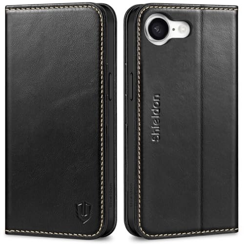 SHIELDON Echtleder Hülle für iPhone 17e/iPhone 16e 6,1 5G, Retro Schwarz | Kartenfach, Standfunktion, Verdichtetes TPU, Magnetisch Handyhülle, Stoßfest Schutzhülle, Klapphülle