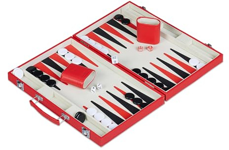 Relaxdays Set Complet pour Jouer au Backgammon, élégant, Jeu de société, H x L x P : 5 x 36,5 x 24 cm, Mallette, Rouge