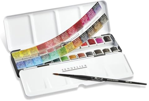 Sennelier Boîte de Peinture Aquarelle Extra-Fines, 24 Demi-Godets avec 2 Pinceau et estompe et 1 carte Boîte en métal