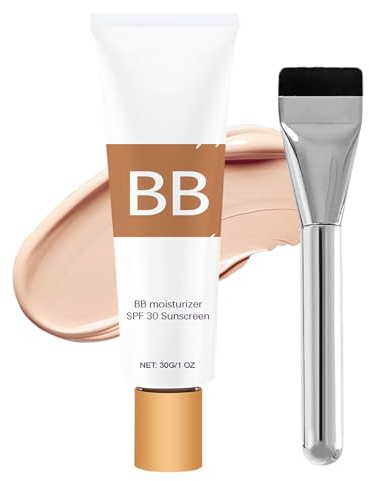 BB Cream Tinted Moisturiser With Brush，SFP30 Sunscreen Color Correcting Hydrating BB Face Cream Foundation，Full Coverage Concealer Light Makeup Natural Color Tinted Moisturiser For All Skin Types