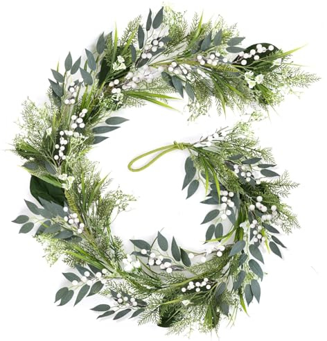 6.5 Ft Artificial White Flowers Swags Garland Spring Summer White Wild Flower with Berries Garland Vine for Wedding Arch Porch Stair Table Indoor Door Home All Year Decoration
