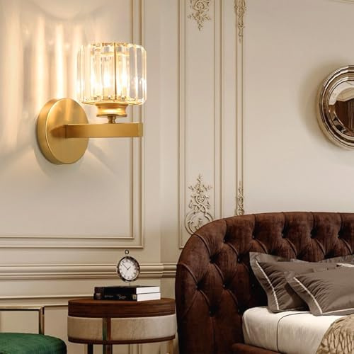 GZZBMY E27 Kristall Wandleuchten LED Kristall Wandlampen Moderne Schlafzimmer Wandbeleuchtung für Wohnzimmer Schlafzimmer Küche Flur Treppen Restaurant Hotel Beleuchtung (Gold Rund,Warmes Licht)