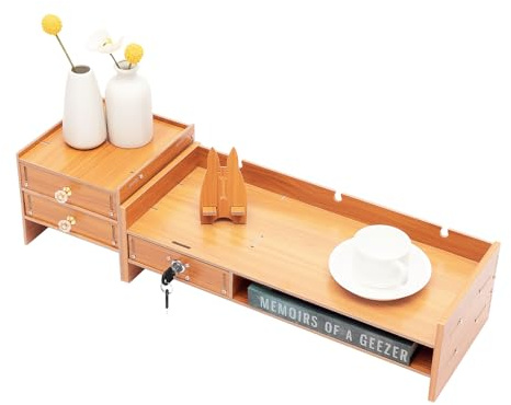 LIAIZE Monitorständer mit 3 Schubladen, 48*20*13.5cm Holz Schreibtischaufsatz Monitorerhöhung Organizer, Computermonitorständer Computergestell für Laptop PC Bildschirmerhöhung