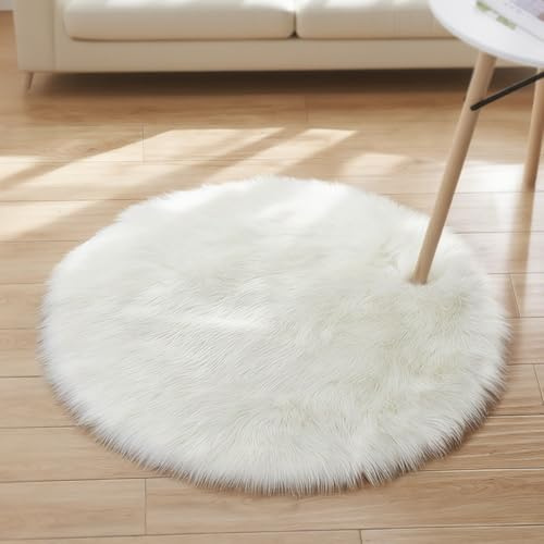 AMFUN 45CM Alfombra de Piel de Oveja Sintética, Blanco Alfombra Shaggy, Alfombras Redonda, Alfombra Antideslizante Muy Suave para Recámara, Sofá, Suelo