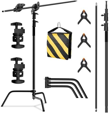C Stand with Boom Arm, Heavy DutyPhotography Light Stand, 10.8ft Stainless Steel C-Stand Kit with Sandbag, 4.2ft Boom for Studio Softbox and Reflector, 20 Black | Stainless Steel C-Stand with 2.8ft/87cm Boom Arm, Sandbag, Adjustable Base for Studio Softbox Monolight Reflector, Black