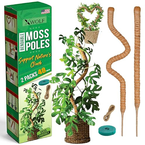XWOLF 2 Pack 48 Bendable Moss Pole Monstera Plant Support for Climbing Indoor Plants, Coir plant Pole Sticks & Plant Stakes for Pothos, Philodendron & potted climbers, Includes Stem ties (2 Pack 48)