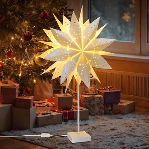 Herefun Weihnachtsstern Beleuchtet Stehend 45 cm, Papierstern Weihnachten mit E14 Lampe, 3D Leuchtstern Stehend, Tischlampe mit Weihnachtsstern, Weihnachtsdeko Innen Fenster