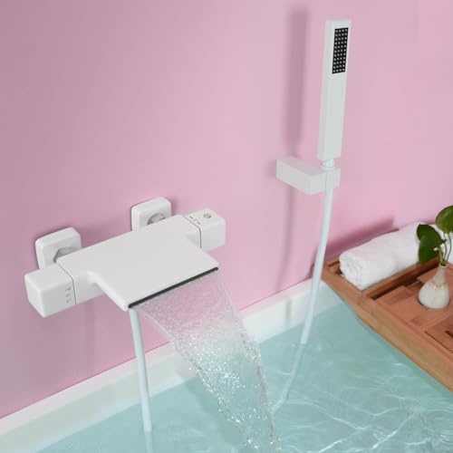 SHANFO Grifo de Bañera Termostatico, Cascada Mezclador Ducha Montado en La Pared, Latón, Blanco, 4Y6OK