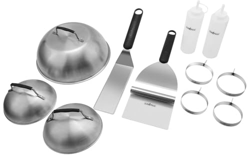 Grillfürst Plancha-Set 12-teilig - Profi Grill Zubehör mit Wender, Spachtel, Schaber, Burgerglocken, Bratringen & Squeezeflaschen - Edelstahl BBQ Set für Plancha, Teppanyaki & Grill