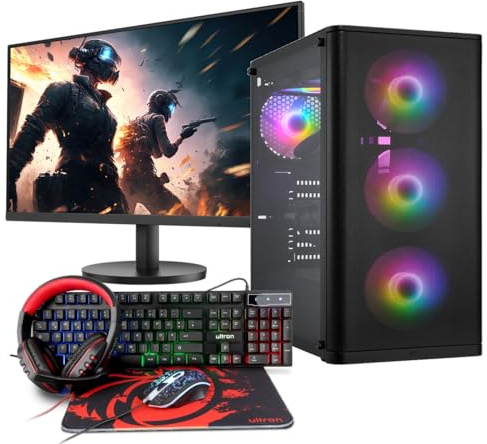 Memory PC Gaming Completo Ryzen 3 3200G, 16 GB DDR4, SSD M.2 de 1000 GB, Windows 11 Pro 64 bits + Monitor para Juegos de 24 Pulgadas y 100 Hz + Ultron Hawk Gaming Kit 4in1 Set, USB, DE (QWERTZ), WiFi