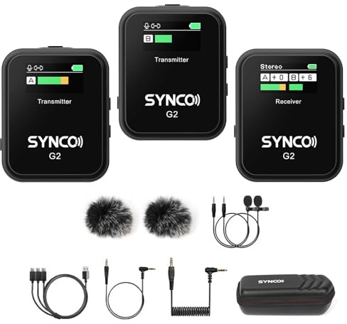 SYNCO G2(A2) Wireless Lavalier Microphone with 48KHz 24Bit Noise Reduction 656FT Range Camera Microphone for DSLR/iPhone/Android/Laptop, Lapel Mic for Vlogging Streaming YouTube