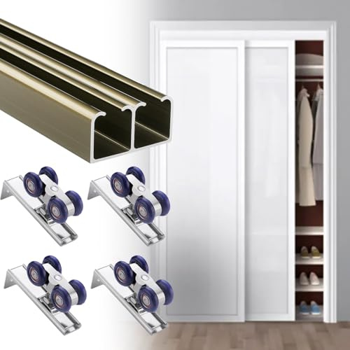 Skjutdörrsskena Skena för Skjutdörrar i Låda, Beslagsats för Bypass-dörrar, Kraftigt Aluminiumskensystem för Garderobs-/Walk-in-closetdörrar(Champagne,14ft/4.3m)