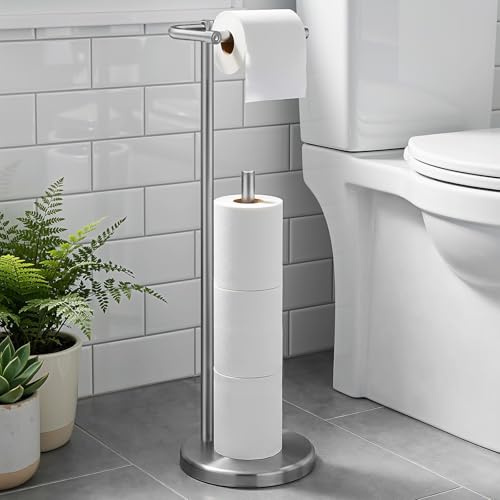 Housolution Portarotolo per Carta Igienica, Portarotolo da Terra in Nickel Spazzolato con Design Post Pivoting e Base Pesante Stabile, Porta Carta Igienica in Acciaio Inossidabile per Bagno