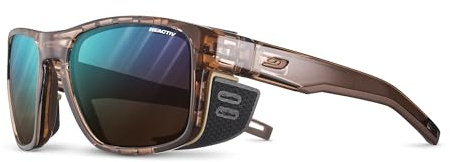 Julbo Shield M Glacier Brille für Damen und Herren mit abnehmbaren Seitenschildern zum Wandern, Schnee/Blendung, 100% UV-Schutz, Schildkrötenbrauner Rahmen, Braun mit blauer verspiegelter Linse