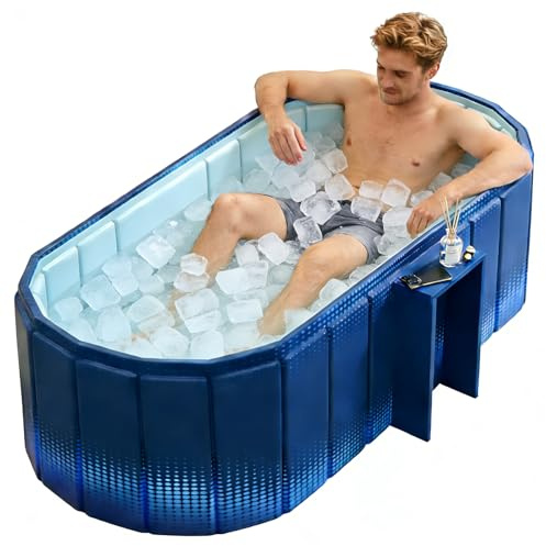 XUDREZ Portable Bathtub Adults Foldable Soaking Standing Bath Tub with Storage Shelf Freestanding Hot Ice Bathtubs Japanese SPA Sauna Collapsible Blue-1.2m