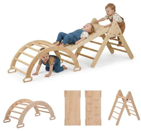 Relaxdays Triangle d'escalade, 3 en 1, Arche, Toboggan Double Face, Naturel | dès 18 mois, bois, structure d'intérieur